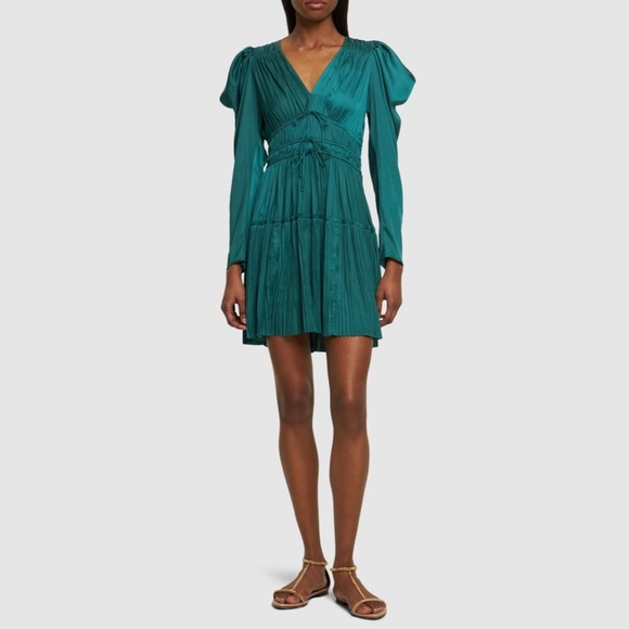 ULLA JOHNSON Lu Bow-Detailed Pleated Satin Mini Dress in Green sz US 0 NWT 590$ - Picture 8 of 14